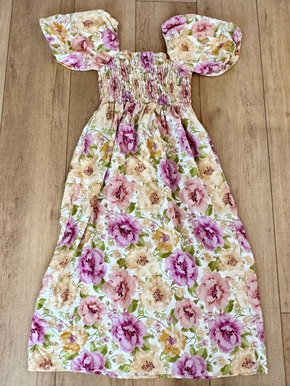 Floral Smocked Midi Dress Cottagecore Puff Sleeve Romantic Prairie Size S